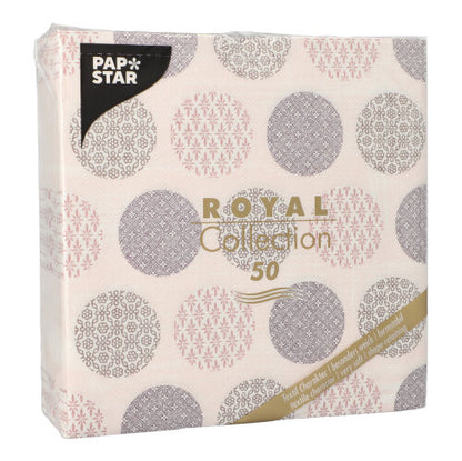 Ein 50er-Pack PAPSTAR Servietten "ROYAL Collection" 1/4-Falz 40 x 40 cm in rosa von PAPSTAR GmbH, mit dekorativem Design und Produktangaben auf der Vorderseite.