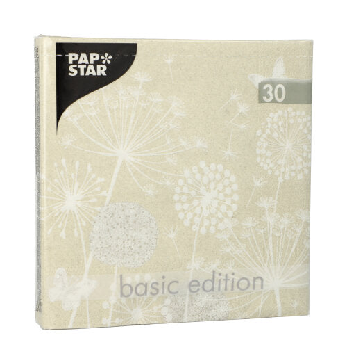 Eine beige quadratische Packung PAPSTAR 30 Servietten (3-lagig, 1/4-Falz, 33x33 cm) der PAPSTAR GmbH zeigt ein weißes Pusteblumen-Motiv, die Aufschrift „Basic Edition“, die „30“ oben rechts und das PAPSTAR-Logo in der oberen linken Ecke.