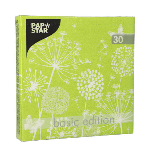 Ein grünes Paket mit 30 PAPSTAR Servietten, 3-lagig, 33 x 33 cm, von der PAPSTAR GmbH – stilvolle Servietten mit weißen Blumenmustern, perfekt für Ihre Tischdekoration.