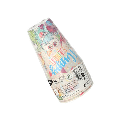 Die PAPSTAR 10 Trinkbecher (0,2L, Ø7cm, 9,7cm) der PAPSTAR GmbH sind farbenfrohe Pappbecher mit Geburtstagsmotiven in einer Klarsichtfolie mit „Happy Birthday“, Illustrationen und Produkt-/Recycling-Informationen.