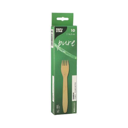 Una scatola verde „PAPSTAR“ con la scritta „pure“ contiene 10 forchette di legno ecologiche (16,5 cm) in legno sostenibile, con il nome del prodotto „PAPSTAR 10 forchette, legno pure“ e un'immagine di una forchetta sulla confezione.
