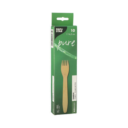 Una scatola verde „PAPSTAR“ con la scritta „pure“ contiene 10 forchette di legno ecologiche (16,5 cm) in legno sostenibile, con il nome del prodotto „PAPSTAR 10 forchette, legno pure“ e un'immagine di una forchetta sulla confezione.
