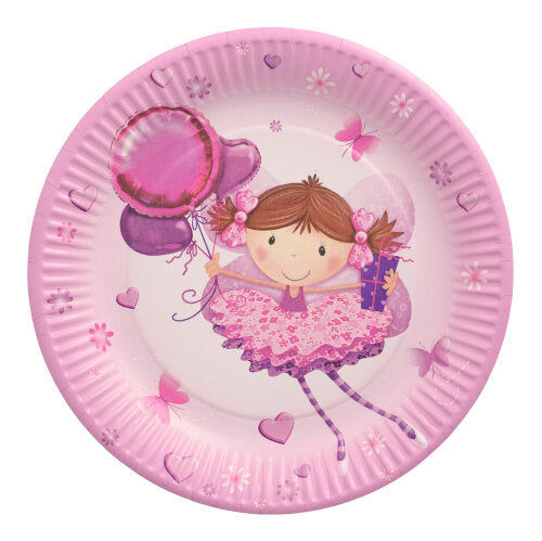 Il PAPSTAR 10 piatti, cartone rotondo Ø 23 cm della PAPSTAR GmbH offre piatti usa e getta rosa per feste, decorati con una ragazza sorridente in abito con volant, palloncini, regali e sullo sfondo cuori, fiori e farfalle.
