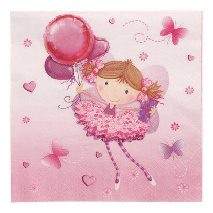 Ein fröhliches Cartoon-Mädchen im rosa Kleid hält rosa Luftballons und ein Geschenk, umgeben von Herzen und Schmetterlingen auf PAPSTAR 20 Servietten, 33x33 cm, 3-lagig, 1/4-Falz Design Set 3 von PAPSTAR GmbH mit einem bezaubernden rosa Hintergrund.