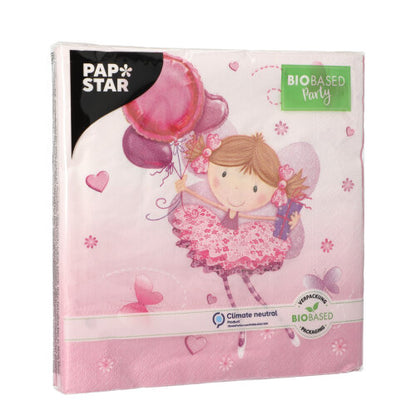 Eine Packung PAPSTAR 20 Servietten, 33x33cm, 3-lagig, mit einem Mädchen in einem rosa Kleid, das Luftballons und Schmetterlinge auf einem rosa Hintergrund hält. Die Verpackung ist mit umweltfreundlichen und klimaneutralen Etiketten versehen. Marke: PAPSTAR GmbH.