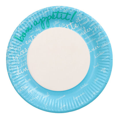 I 10 piatti PAPSTAR, carta rotonda Ø 23 cm di PAPSTAR GmbH hanno un centro bianco e un bordo blu con "Buon Appetito!" in verde e un testo sul cibo in bianco - ideali per feste ed eventi.