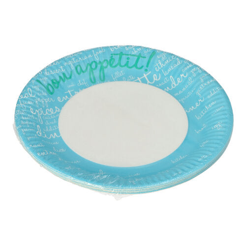 PAPSTAR 10 piatti, carta rotonda Ø 23 cm di PAPSTAR GmbH: Piatti monouso rotondi con bordo blu e scrittura a mano bianca ("Buon Appetito!" in verde), ideali per feste ed eventi. Il centro è semplicemente bianco.