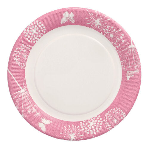 I 10 piatti di carta rotondi Ø 23 cm di PAPSTAR GmbH si distinguono per un bordo rosa con motivi di soffioni e farfalle bianchi. Il centro è semplicemente bianco, rendendo questo piatto monouso ideale per feste ed eventi.
