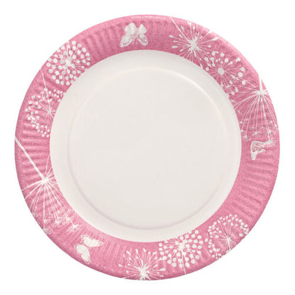 I 10 piatti di carta rotondi Ø 23 cm di PAPSTAR GmbH si distinguono per un bordo rosa con motivi di soffioni e farfalle bianchi. Il centro è semplicemente bianco, rendendo questo piatto monouso ideale per feste ed eventi.