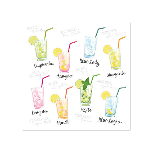 Image of nine cocktails in glasses with ice, garnishes and PAPSTAR 20 napkins, 25x25 cm 3-ply from PAPSTAR GmbH. Cocktails like Caipirinha, Sangria, Blue Lady, Margarita, and Mojito are equipped with straws and fruit slices.