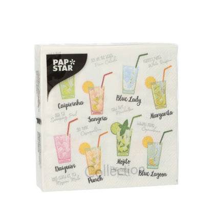 The 20 napkins (25x25 cm, 3-ply, 1/4-fold) from PAPSTAR GmbH are decorated with illustrations and names of cocktails like Caipirinha, Mojito, and Margarita – ideal for a stylish table decoration.