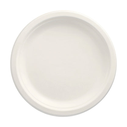 Ein PAPSTAR 100 Teller, Zuckerrohr „pure“ ungeteilt, weiss der PAPSTAR GmbH wird in der Draufsicht auf weißem Grund präsentiert. Seine glatte Oberfläche und der erhöhte Rand machen ihn zum idealen umweltfreundlichen Einwegteller für nachhaltiges Essen.