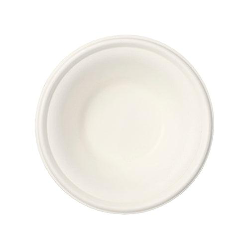 A simple, round, white, flat bowl from PAPSTAR GmbH – PAPSTAR 100 bowls, sugarcane "pure" – made of eco-friendly sugarcane is visible from above on a white background; perfect for the need for sustainable disposable bowls.