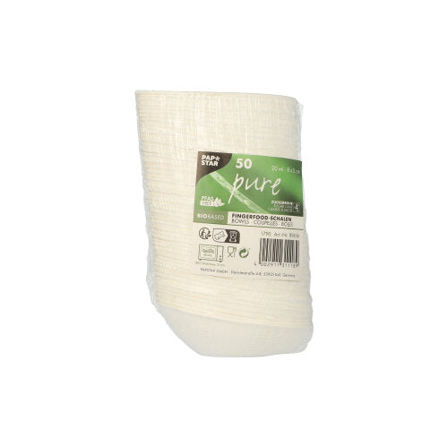 50 bols à finger food blancs en bagasse « pur » de PAPSTAR GmbH, emballés dans du plastique avec un label vert-blanc et des symboles éco – l'alternative durable pour les gourmets soucieux de l'environnement.