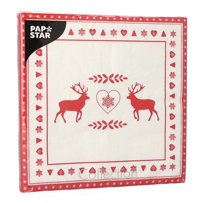 Eine Packung mit 20 PAPSTAR-Servietten, 3-lagig, 40 x 40 cm, mit einem rot-weißen Design mit zwei Rentieren, die einem Herz gegenüberstehen und von Herzen, Schneeflocken und Blättern umgeben sind. Marke: PAPSTAR GmbH.