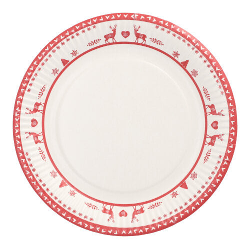 Il set di 10 piatti della PAPSTAR GmbH consiste in piatti di carta rotondi bianchi (Ø 23 cm) con bordo rosso, decorati con renne, cuori e motivi geometrici. Piatti monouso ideali per feste ed eventi; il centro del piatto è semplice.