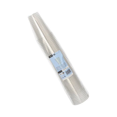 Ein Stapel Starpak 50 Trinkbecher R-PET glasklar in Klarsichtfolie mit blau-weißem Etikett – umweltfreundlich, transparent und perfekt für jede Gelegenheit.