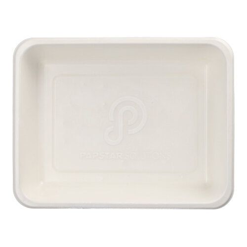 The PAPSTAR 50 sealable sugarcane bowls, PLA coated (4.9 x 22.7 x 17.8 cm) from PAPSTAR GmbH is a white, rectangular bowl with rounded corners, a raised edge, an embossed logo in the center, and photographed from above.