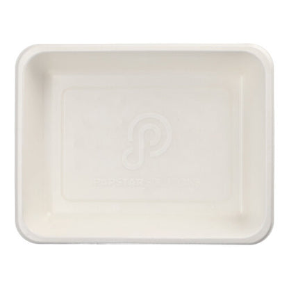 The PAPSTAR 50 sealable sugarcane bowls, PLA coated (4.9 x 22.7 x 17.8 cm) from PAPSTAR GmbH is a white, rectangular bowl with rounded corners, a raised edge, an embossed logo in the center, and photographed from above.