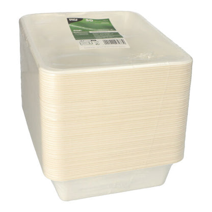 A stack of PAPSTAR 50 sealable sugarcane bowls with PLA coating (4.9 x 22.7 x 17.8 cm), rectangular and white, from the manufacturer PAPSTAR GmbH – wrapped in plastic and with a green and white label on the top tray.