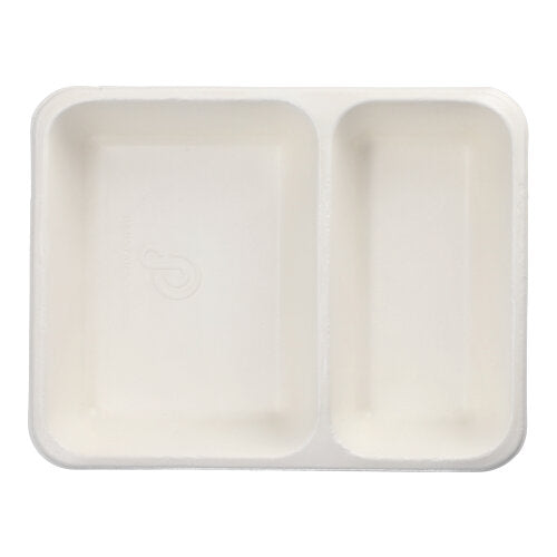 A rectangular, white PAPSTAR 50 sealable sugarcane tray (4.9 x 22.7 x 17.8 cm) from PAPSTAR GmbH with two compartments and rounded corners, made from eco-friendly sugarcane and with PLA coating for sustainability.