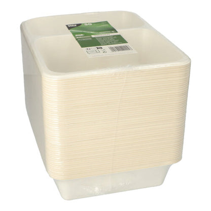 A stack of rectangular PAPSTAR 50 sealable sugarcane bowls, PLA coated (4.9 x 22.7 x 17.8 cm) from PAPSTAR GmbH, wrapped in clear plastic with a green and white label on top.
