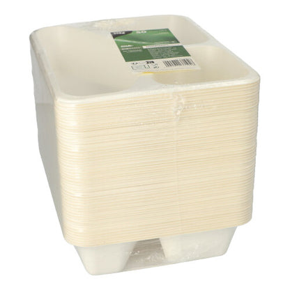 A stack of 50 PAPSTAR sealable sugarcane bowls (4.9 x 22.7 x 17.8 cm, PLA coated) from PAPSTAR GmbH, made from eco-friendly sugarcane, wrapped in plastic and provided with a green and white label.