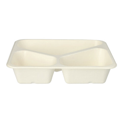 The PAPSTAR 50 sealable bowls made from eco-friendly sugarcane with PLA coating (4.9 x 22.7 x 17.8 cm) from PAPSTAR GmbH are beige, rectangular and have three separate compartments.