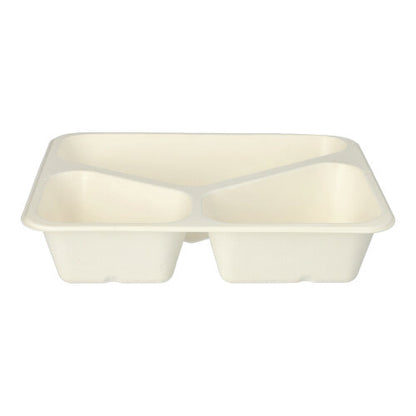 The PAPSTAR 50 sealable bowls made from eco-friendly sugarcane with PLA coating (4.9 x 22.7 x 17.8 cm) from PAPSTAR GmbH are beige, rectangular and have three separate compartments.