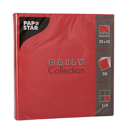 Eine Packung PAPSTAR 20 Servietten „DAILY Collection“ (32x32 cm, 1/4-Falz) der PAPSTAR GmbH bietet schlichtes Design und praktische Verpackung – perfekt für eine stilvolle Tischdekoration.