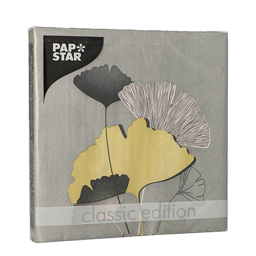 Eine graue Packung PAPSTAR GmbH 20 Servietten, 33x33cm, 3-lagig, 1/4-Falz Design Set 4 mit minimalistischen schwarzen, gelben und beigen Ginkgoblättern - ideal für eine stilvolle Tischdekoration.
