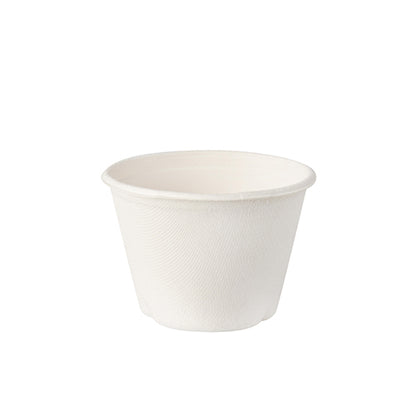 Against a white background stands a small, simple white PAPSTAR sugarcane bowl "pure" (50-pack) by PAPSTAR GmbH with a slightly flared rim, made from sustainable sugarcane.