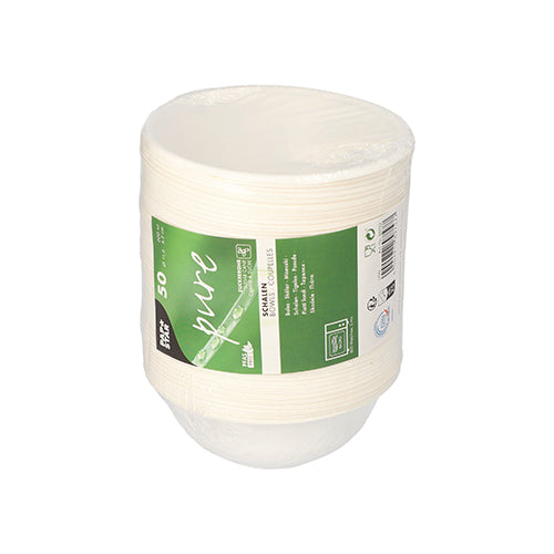 A 50-pack of PAPSTAR bowls made from sustainable sugarcane, white, biodegradable and eco-friendly, wrapped in foil with a green-white label from PAPSTAR GmbH.