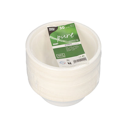 A stack of PAPSTAR 50 bowls made from white sugarcane, biodegradable and sustainable, wrapped in plastic with a green-white "pure" label. The PAPSTAR GmbH label contains product and brand information.
