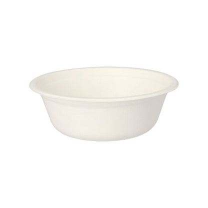 The PAPSTAR 50 bowls, sugarcane "pure" white by PAPSTAR GmbH are simple, round, white, biodegradable disposable bowls with a slightly flared rim, made from sustainable sugarcane and depicted on a white background.