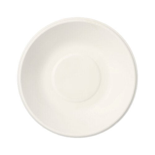 A simple white ceramic saucer, photographed from above on a white background, reflects the simple design of the PAPSTAR 50 bowls, sugarcane "pure" white by the PAPSTAR GmbH – sustainable and biodegradable disposable bowls.