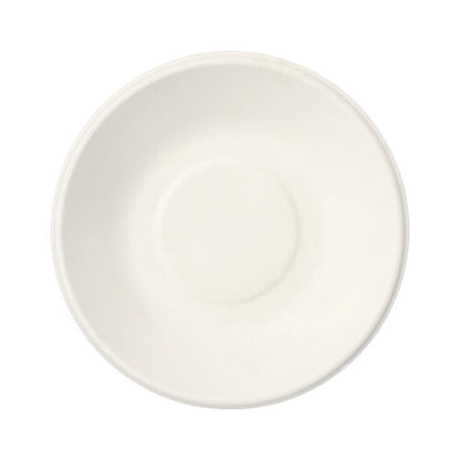 A simple white ceramic saucer, photographed from above on a white background, reflects the simple design of the PAPSTAR 50 bowls, sugarcane "pure" white by the PAPSTAR GmbH – sustainable and biodegradable disposable bowls.