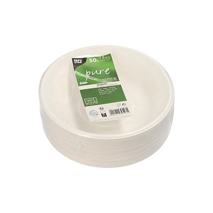 A stack of 50 white "Pure" bowls by PAPSTAR GmbH, made from sustainable, biodegradable sugarcane, is wrapped in plastic and features green "Pure" labels and eco-certification symbols on the packaging.