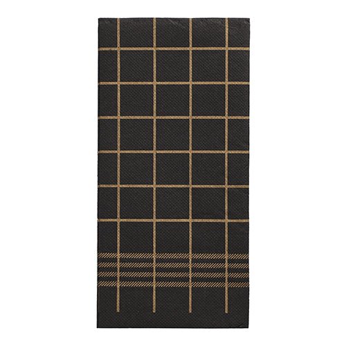 I 30 tovaglioli "PUNTO" a 2 strati, piegatura 1/8, neri con design a griglia e fascia dorata (39x40 cm) della PAPSTAR GmbH fanno parte della collezione di tovaglioli di alta qualità e presentano una micro goffratura tipo asciugamano da cucina.