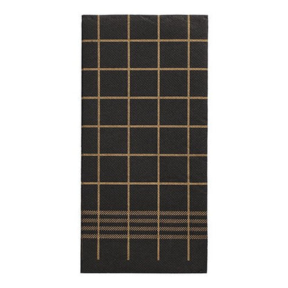 I 30 tovaglioli "PUNTO" a 2 strati, piegatura 1/8, neri con design a griglia e fascia dorata (39x40 cm) della PAPSTAR GmbH fanno parte della collezione di tovaglioli di alta qualità e presentano una micro goffratura tipo asciugamano da cucina.
