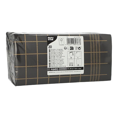 La confezione rettangolare PAPSTAR contiene 30 tovaglioli da cucina a doppio strato "PUNTO" (39 x 40 cm, piegatura 1/8, microgoffrati) con design a quadri nero-oro e include un'etichetta con istruzioni per l'uso e lo smaltimento.