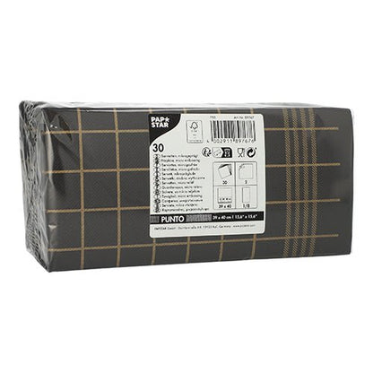 La confezione rettangolare PAPSTAR contiene 30 tovaglioli da cucina a doppio strato "PUNTO" (39 x 40 cm, piegatura 1/8, microgoffrati) con design a quadri nero-oro e include un'etichetta con istruzioni per l'uso e lo smaltimento.