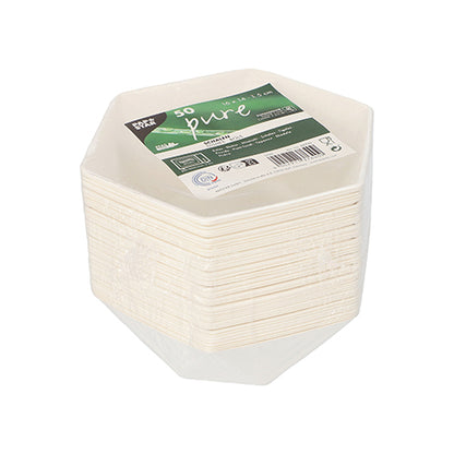 A stack of white, hexagonal PAPSTAR bowls made from sugarcane ("pure"), 50 pieces, shrink-wrapped in foil with a green-white "50 pure" sticker and product details from PAPSTAR GmbH.