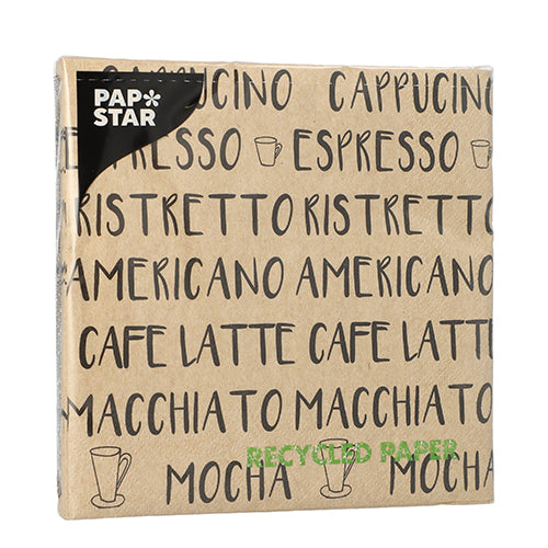 Eine naturfarbene Packung PAPSTAR GmbH 20 Servietten (33cm x 33cm, 3-lagig, 1/4-Falz) ist mit Namen von Kaffeegetränken, "RECYCLED PAPER" in grün, kleinen Kaffeetassenabbildungen und aus Naturpapier hergestellt.