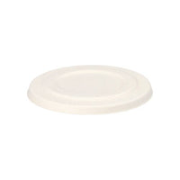 The PAPSTAR 50 lids for soup cups made from sugarcane, "pure" white, by PAPSTAR GmbH is an eco-friendly, round lid—a perfect fit for the brand's soup cups.