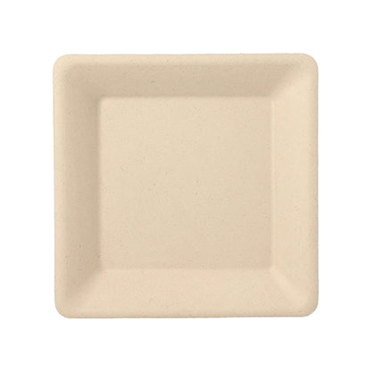 L'assiette jetable carrée durable PAPSTAR 50, canne à sucre « pure » de PAPSTAR GmbH en beige avec un bord légèrement surélevé est photographiée de dessus sur fond blanc.