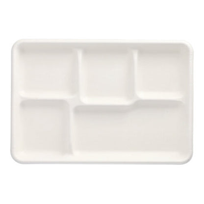 The PAPSTAR GmbH 25 menu trays made of sugarcane "pure", 5-compartment, white, are biodegradable and ideal for eco-conscious serving in canteens and large kitchens.