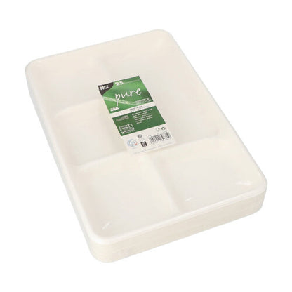 A stack of white PAPSTAR 25 menu trays, sugarcane "pure" 5-compartment white from PAPSTAR GmbH, packed in clear foil with green-white label - ideal for eco-friendly packaging.