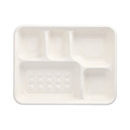 The PAPSTAR 25 menu trays, sugarcane "pure" 5-compartment white from PAPSTAR GmbH are white, rectangular, biodegradable trays with five compartments - perfect as an eco-friendly packaging for meals.