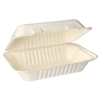 The PAPSTAR Sugar Cane Meal Boxes, Undivided, 7.9 x 15.5 x 23 cm, White, from PAPSTAR GmbH offers eco-friendly, rectangular takeout boxes made from biodegradable fibers—the ideal sustainable packaging solution (carton of 500 pieces).